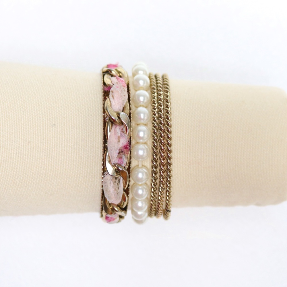 Pink Gold Tone Mixed Pearl Fabric Chain Bangles Stack 5-Piece